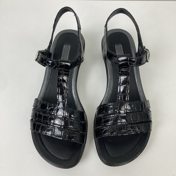 ECCO Sensata T-Strap Wedge Sandals Black Embossed Leather Alligator‎ Print EU 36 - Picture 2 of 7